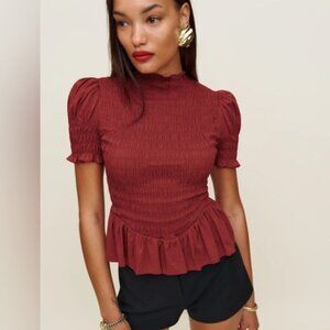NEW Reformation Aggie Short Sleeve Top Rubies Dark Red Smocked Top | size XS